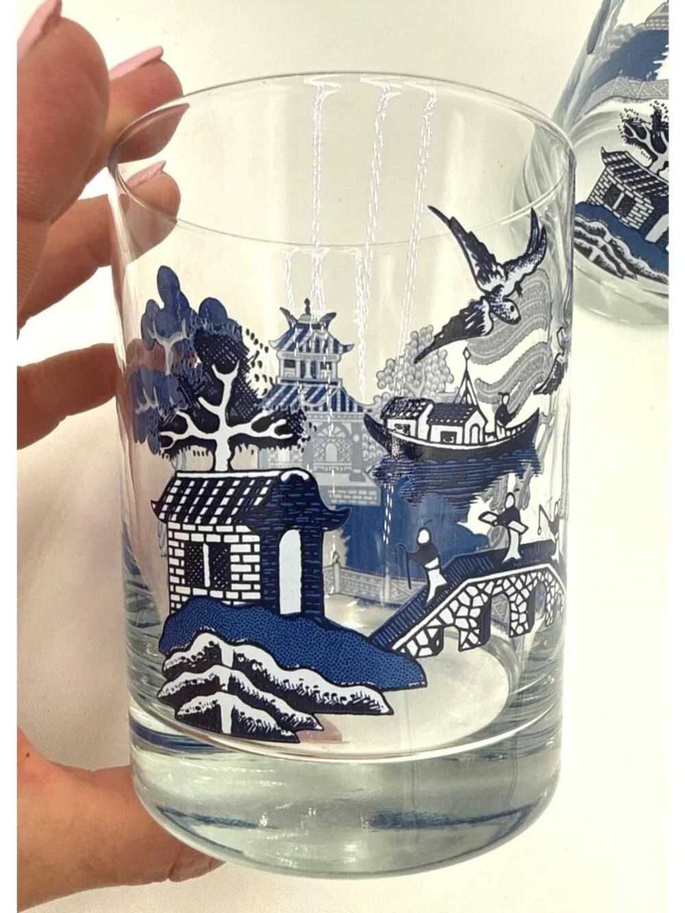 VTG Set Of 3 Blue Willow Patterned Glass Tumblers 4-Inch Height Asian-Inspired D